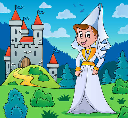 Medieval lady on meadow near castle のイラスト素材