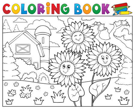 Coloring book sunflowers near farm.のイラスト素材