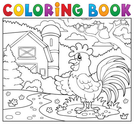Coloring book rooster near farm.のイラスト素材