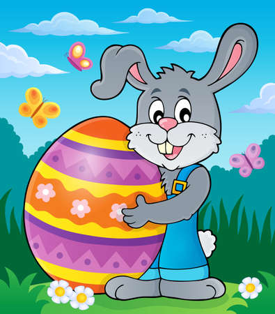 Bunny holding big Easter egg theme 2 - eps10 vector illustration.のイラスト素材