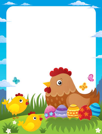 Frame with Easter hen and chickens - eps10 vector illustration.のイラスト素材
