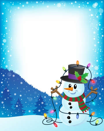Snowman with Christmas lights frame 1 - eps10 vector illustration.のイラスト素材