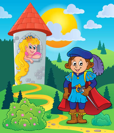 Prince near tower with princess - eps10 vector illustration.のイラスト素材