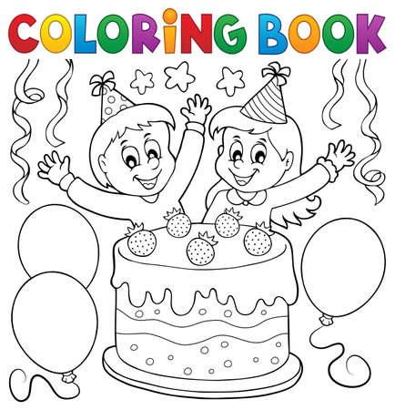 Coloring book cake and kids celebrating - eps10 vector illustration.のイラスト素材