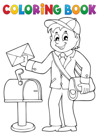 Post man holding a mail in front of a postal box. For coloring bookのイラスト素材