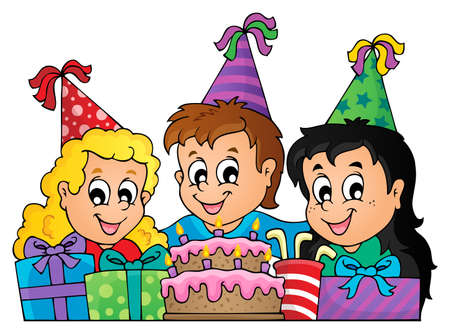 Three kids wearing a birthday hat in front of a birthday cake and gifts.のイラスト素材