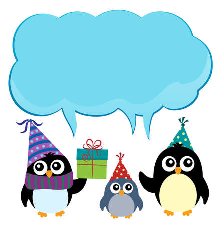 Penguins in party attire with a bubble speech and gift illustration.のイラスト素材