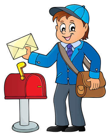 Postman holding an envelope in front of a mailbox.のイラスト素材