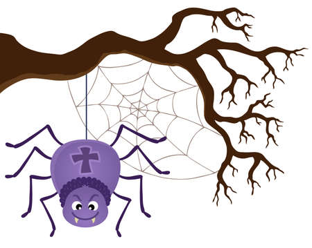 Spider with a cross sign hanging in a tree.のイラスト素材