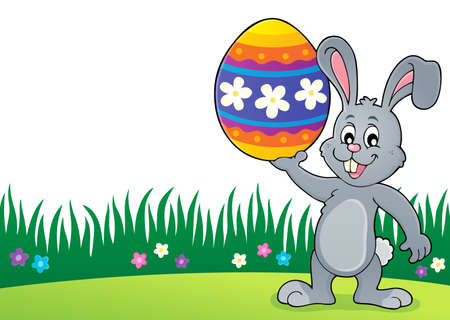 Bunny holding big Easter egg topic vector illustration.のイラスト素材