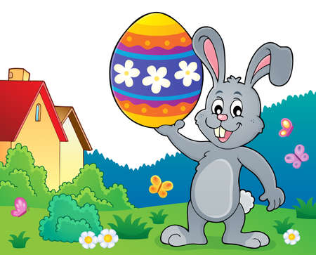 Bunny holding big Easter egg topic vector illustration.のイラスト素材