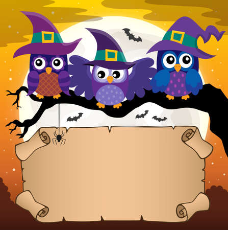 Small parchment with Halloween owls - vector illustration.のイラスト素材