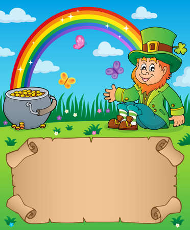 Small parchment with leprechaun theme with rainbow and money pot - vector illustration.のイラスト素材