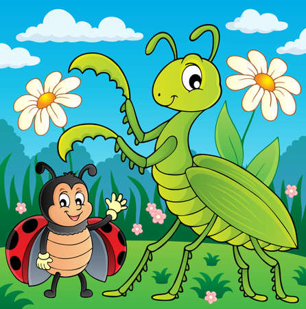 Meadow with praying mantis and ladybugのイラスト素材