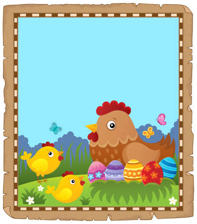 Parchment with Easter hen and chickens - eps10 vector illustration.のイラスト素材