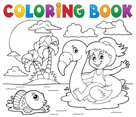 Coloring book girl on flamingo floatのイラスト素材