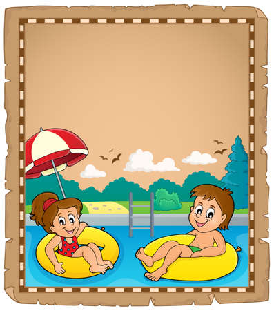 Parchment with children in swim rings vector illustration.のイラスト素材