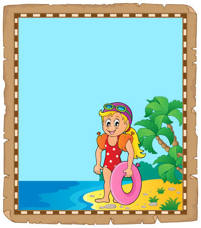 Parchment with little girl swimmer - eps10 vector illustration.のイラスト素材