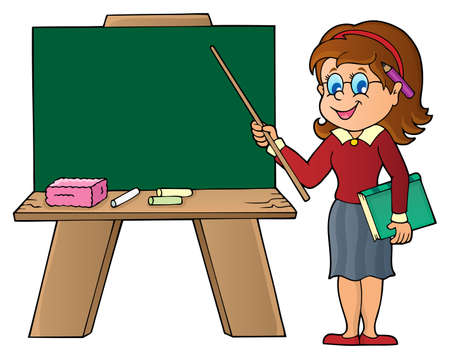 Woman teacher standing by schoolboard - eps10 vector illustration.のイラスト素材