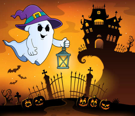 Ghost with hat and lantern topic 1 - eps10 vector illustration.のイラスト素材