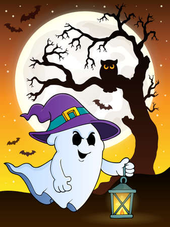 Ghost with hat and lantern theme 9 - eps10 vector illustration.のイラスト素材