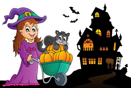 Cute witch and cat Halloween image 2 - eps10 vector illustration.のイラスト素材