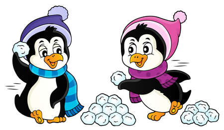 Penguins playing with snow image 1 - eps10 vector illustration.のイラスト素材