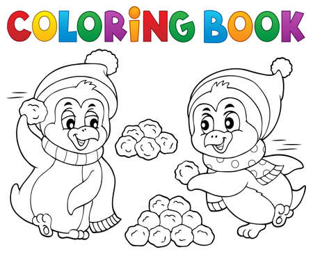 Coloring book penguins playing with snow - eps10 vector illustration.のイラスト素材