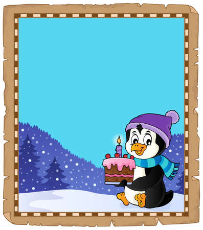 Penguin holding cake theme parchment 2 - eps10 vector illustration.のイラスト素材