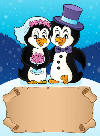 Small parchment and penguin wedding 1 - eps10 vector illustration.のイラスト素材