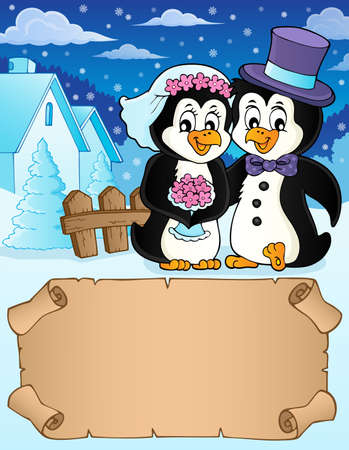 Small parchment and penguin wedding 2 - eps10 vector illustration.のイラスト素材