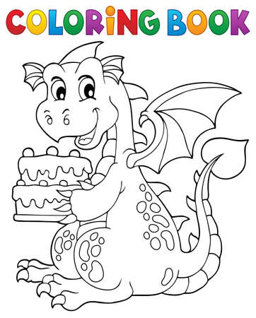 Coloring book dragon holding cake 1 - eps10 vector illustration.のイラスト素材