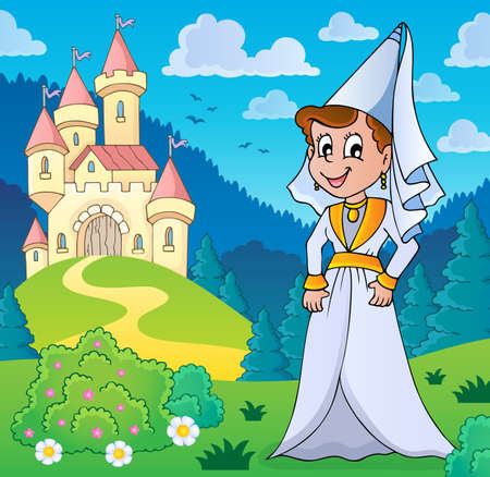 Medieval lady near stylized castle theme illustration.のイラスト素材