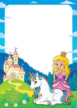 Princess and unicorn theme frame illustration.のイラスト素材
