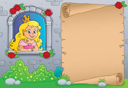 Princess in window theme parchment  theme   illustration.のイラスト素材