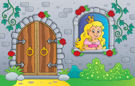 Princess in window and old door theme illustration.のイラスト素材