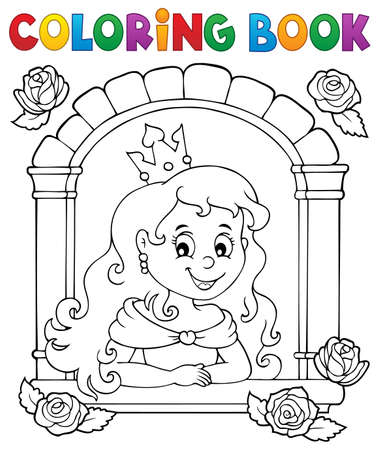 Coloring book princess in window theme  illustration.のイラスト素材