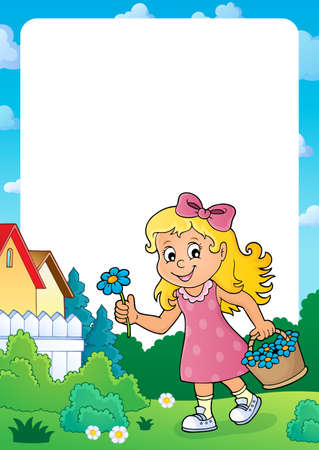 Girl with flower theme frame  illustration.のイラスト素材