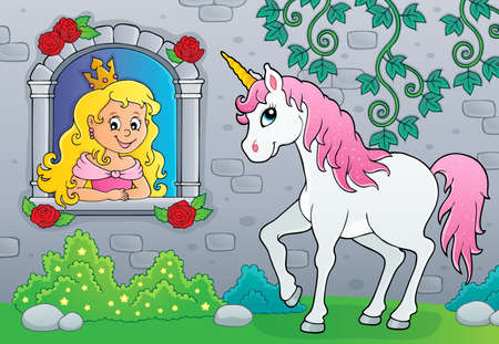 Princess in window and unicorn image vector illustration.のイラスト素材