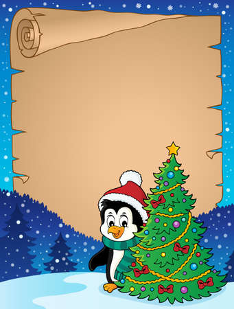 Penguin with Christmas tree parchment 1 - eps10 vector illustration.のイラスト素材