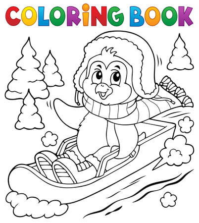 Coloring book penguin on bobsleighのイラスト素材