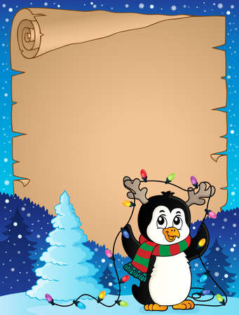 Penguin and Christmas lights parchment 1 - eps10 vector illustration.のイラスト素材