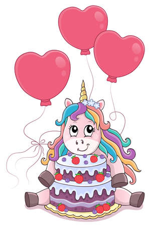 Unicorn with cake and balloons themeのイラスト素材