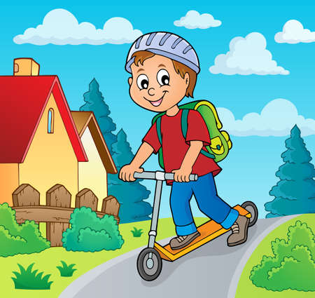 Boy on kick scooter theme image 2 - eps10 vector illustration.のイラスト素材
