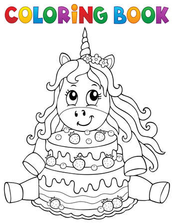 Coloring book unicorn with cake 1 - eps10 vector illustration.のイラスト素材