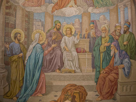 Mosaic of Jesus lost and found in the Temple, in the Rosary Basilica at Lourdesのeditorial素材