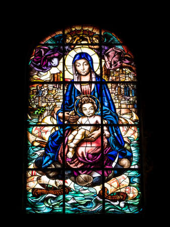 artistic stained glass in the mosteiro dos Jeronimos (Jeronimos Monastery), Lisbon, Potugalのeditorial素材
