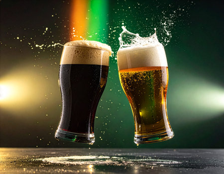 Two glasses of Irish beer with splashes on a dark background. Beer concept. St. Patrick's conceptの写真素材