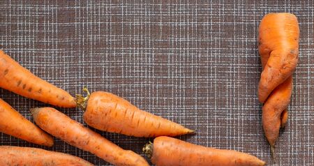 One ugly twisted carrot and normal vegetables on brown background, zero waste concept, banner of top view, copy spaceの写真素材