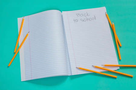 Pencils, open notebook on green background, sheet with text and copy space, concept back to school, academic year beginの写真素材